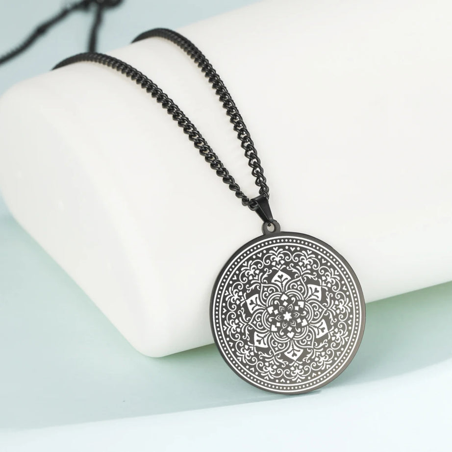 Lotus Chakra Mandala Pendant Necklace, Stainless Steel Buddhist Hindu Meditation Amulet