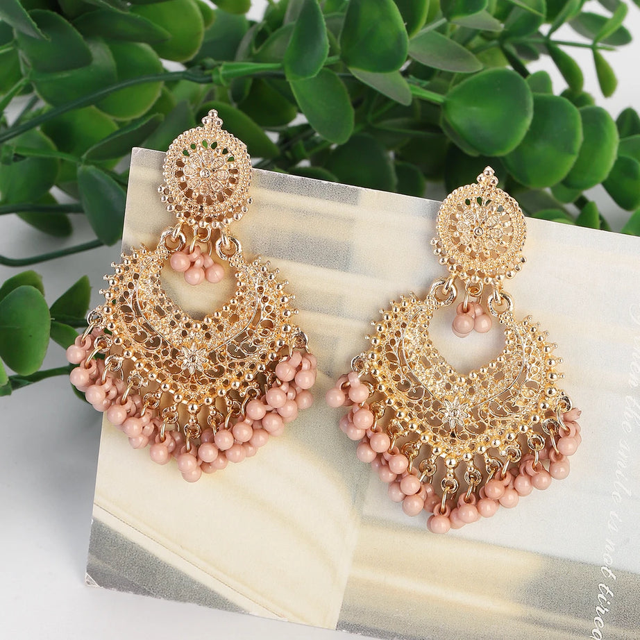 Gold Carved Heart Pink Bead Jhumka Earrings Jewelry