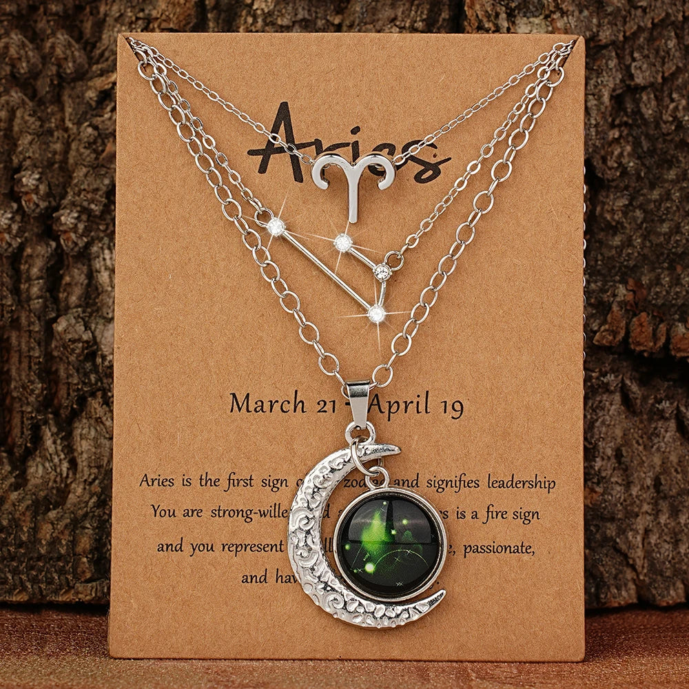 3 Pieces/Set Zodiac Retro Moon Glow Pendant Necklace Set with Birthstone Cards, Birthday Gift for Besties and BFFs