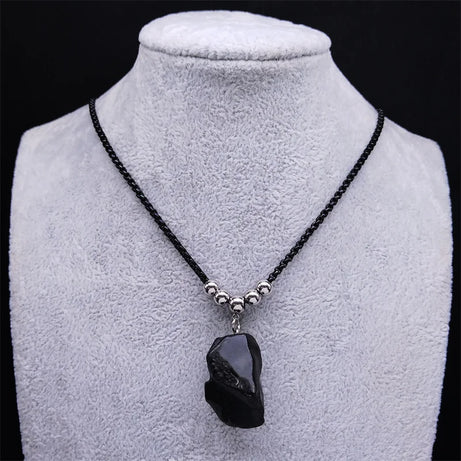 Boho Obsidian Natural Stone Bead Lucky Necklace Pendant Women Stainless Steel Black Color Chain Necklace Fashion Jewelry NGG47-1 - Charlie Dolly