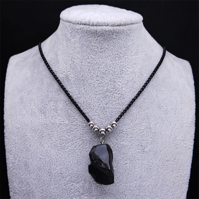 Boho Obsidian Natural Stone Bead Lucky Necklace Pendant Women Stainless Steel Black Color Chain Necklace Fashion Jewelry NGG47-1