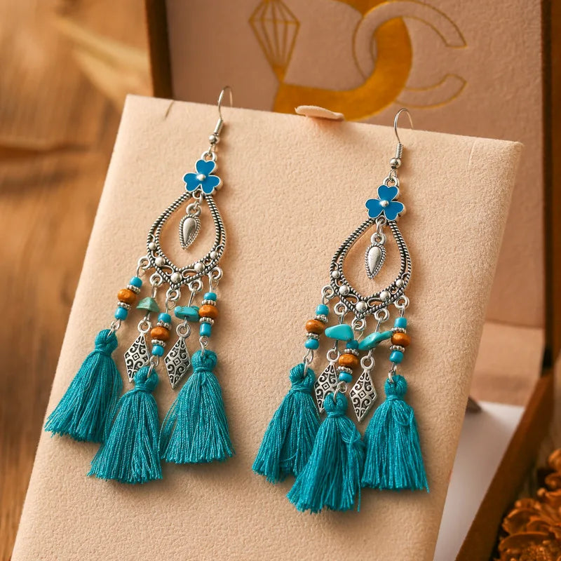 Fashion Bohemian Heart Flower Enamel Geometric Tassel Earrings For Women Irregular Stone Beads Handmade Boho Wedding Jewelry