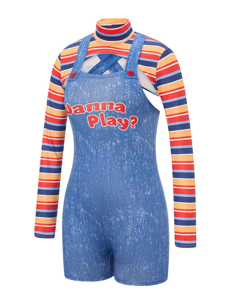 Women 2 Pcs Halloween Costumes Scary Nightmare Killer Doll Wanna Play Movie Character Bodysuit Chucky Doll Cosplay Costume Set - Charlie Dolly