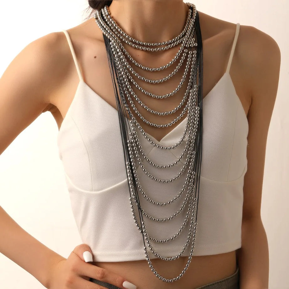 Pearl Waterfall Layered Tassel Necklace Jewelry