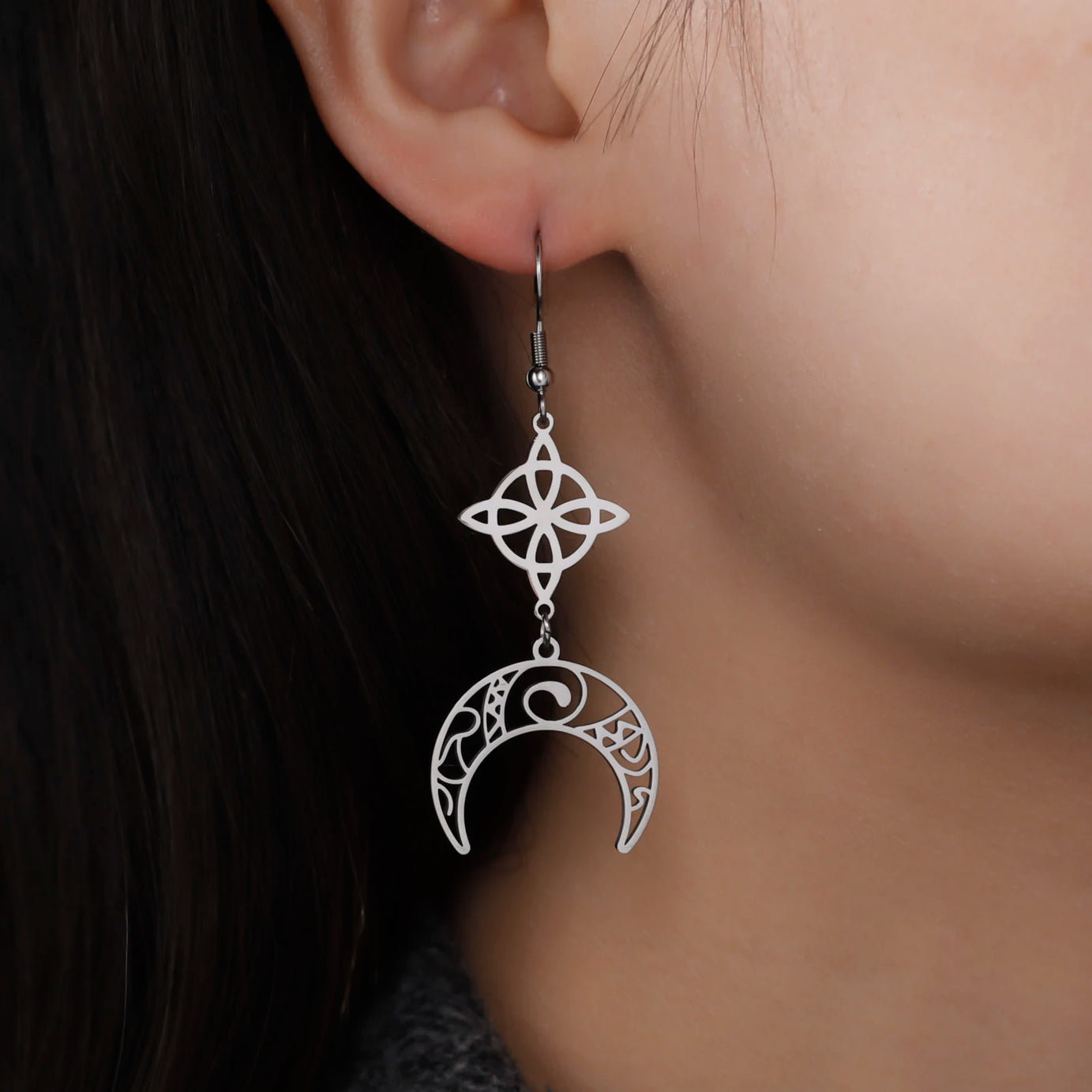 Triple Moon, Rune & Pentagram Hoop Earrings, Stainless Steel Witchy Amulet