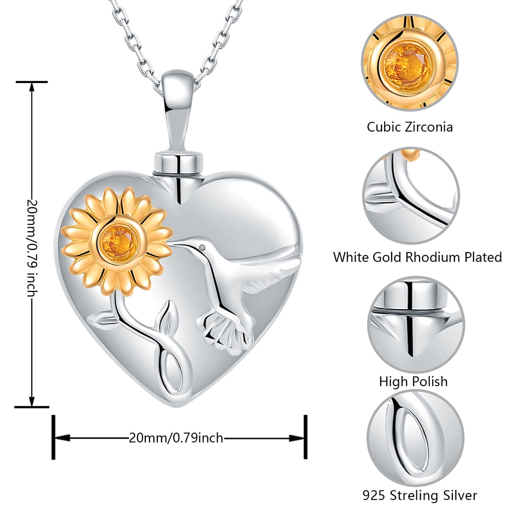 925 Sterling Silver Cremation Sunflower Hummingbird Urn Necklaces,Heart Memory Pendant Jewelry Gift For Ashes Women Men Friend - Charlie Dolly