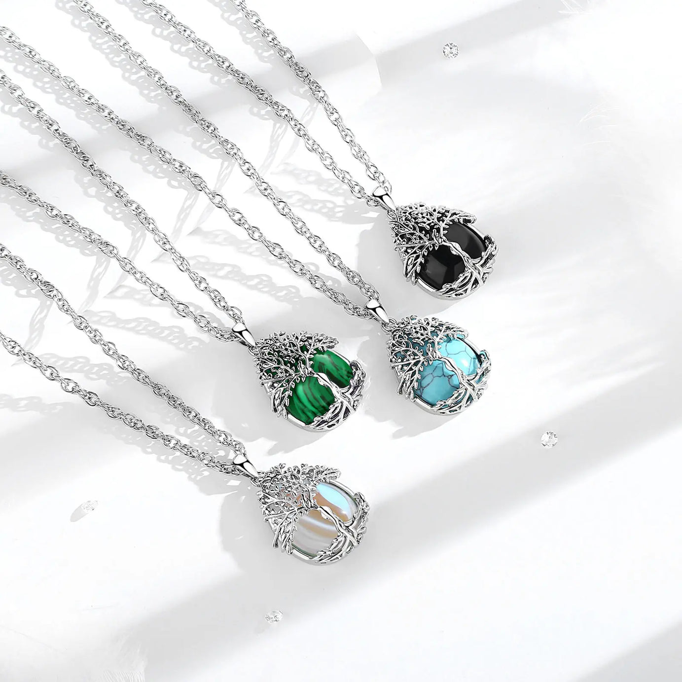 Tree of Life Multi-Crystal Pendant Necklace, Obsidian Amethyst Turquoise Healing Amulet