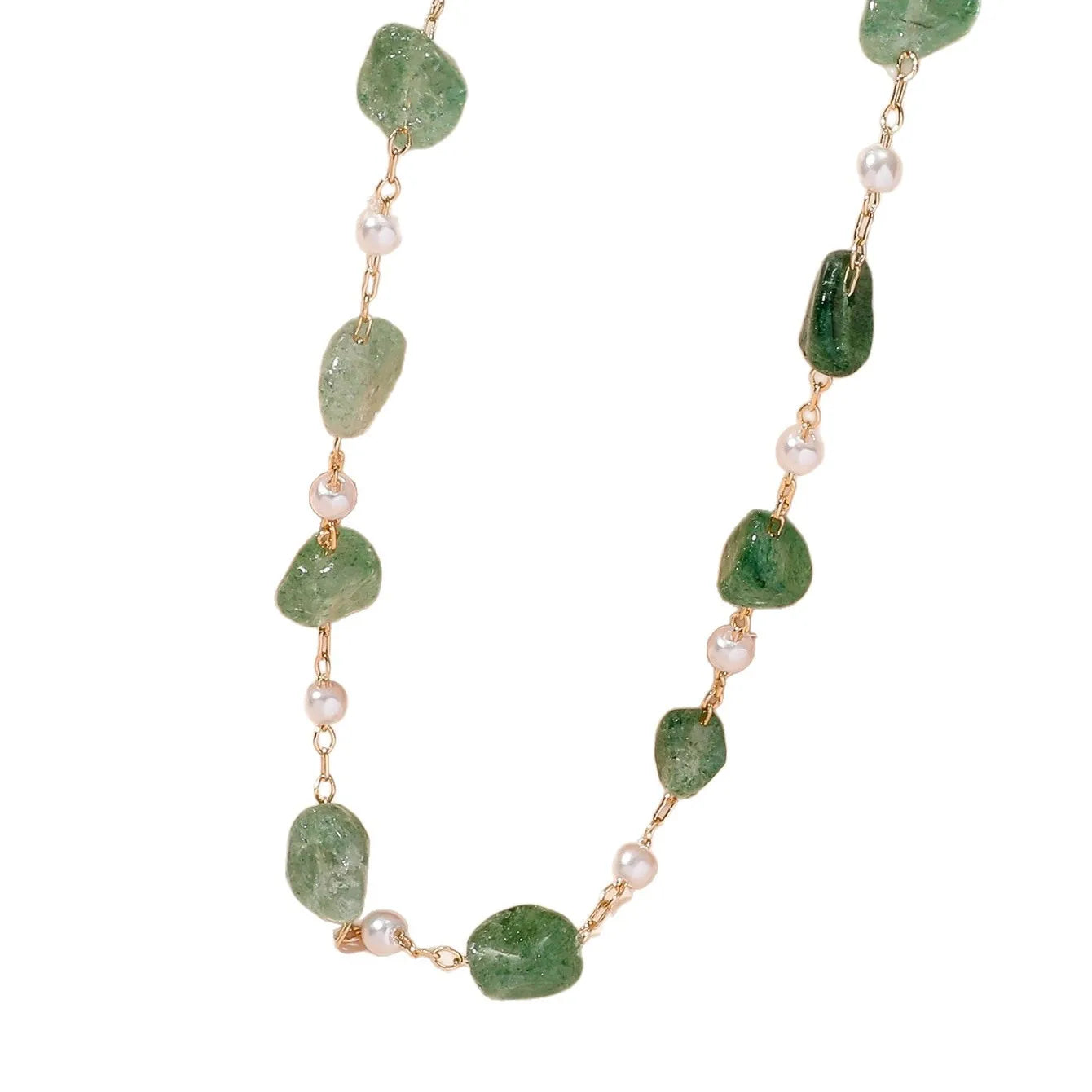 Bohemian Green Natural Stone & Pearl Necklace - Gold Chain Vintage Boho Jewelry for Women, Unique Daily/Festival Accessory