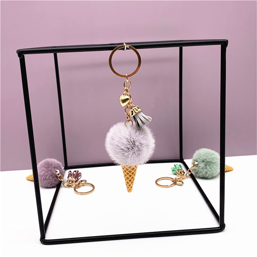 1pc Fashion Cute Mini Ice Cream Key Ring With Tassel Student Fluffy Pom Pom Velvet Plush Keychain For Girls Bag Decoration Gift - Charlie Dolly