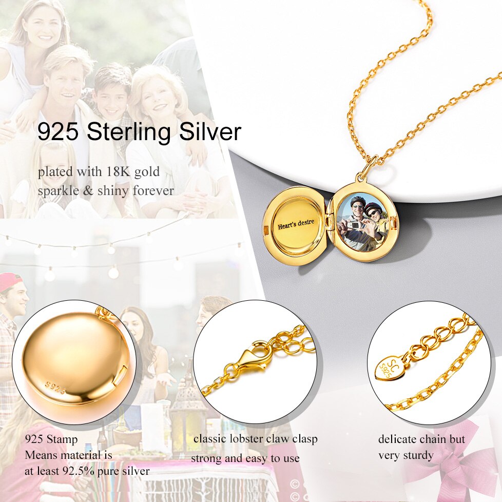 PROSILVER 925 Sterling Silver Customized Photo/Text Necklaces Women Teens Girl Cute Round Gold Locket Pendant That Hold Picture - Charlie Dolly