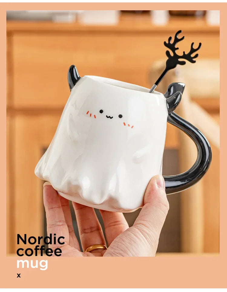 1pc 16oz Large Ceramic Halloween Devil Mug Adorable Cartoon Ghost Elf Kawaii Elves Porcelain Tea Cup Drinkware Gift for Kids - Charlie Dolly