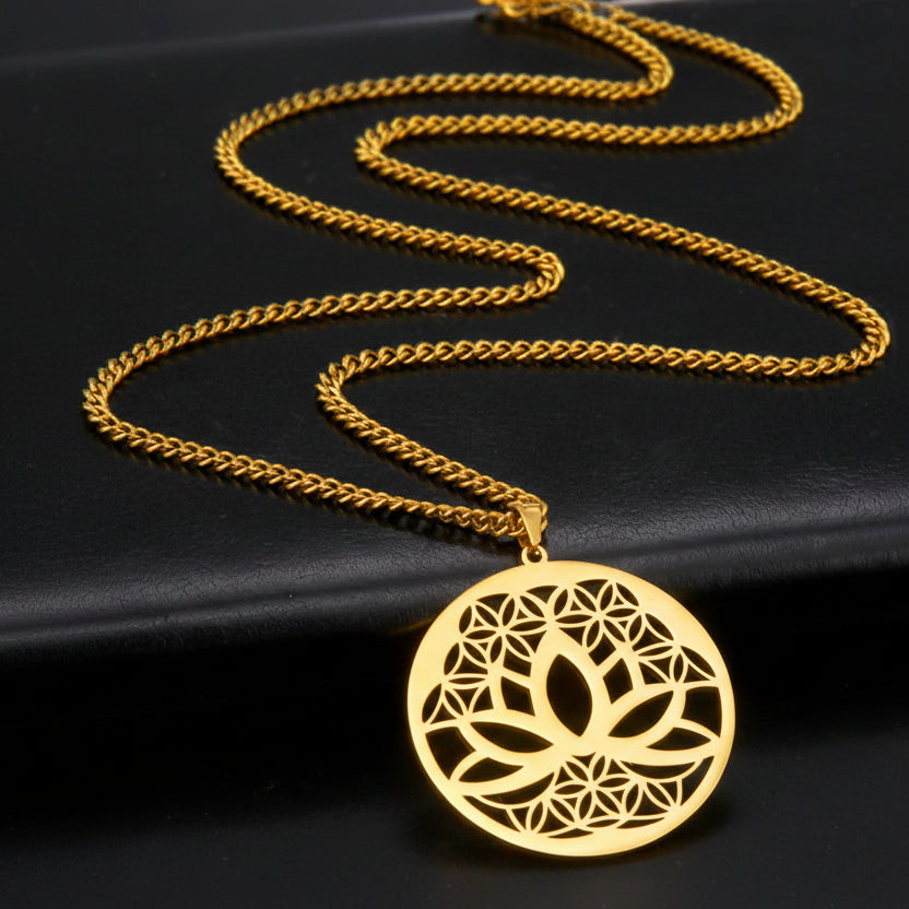 Lotus Flower of Life Pendant Necklace, Stainless Steel Buddhist Yoga Meditation Amulet