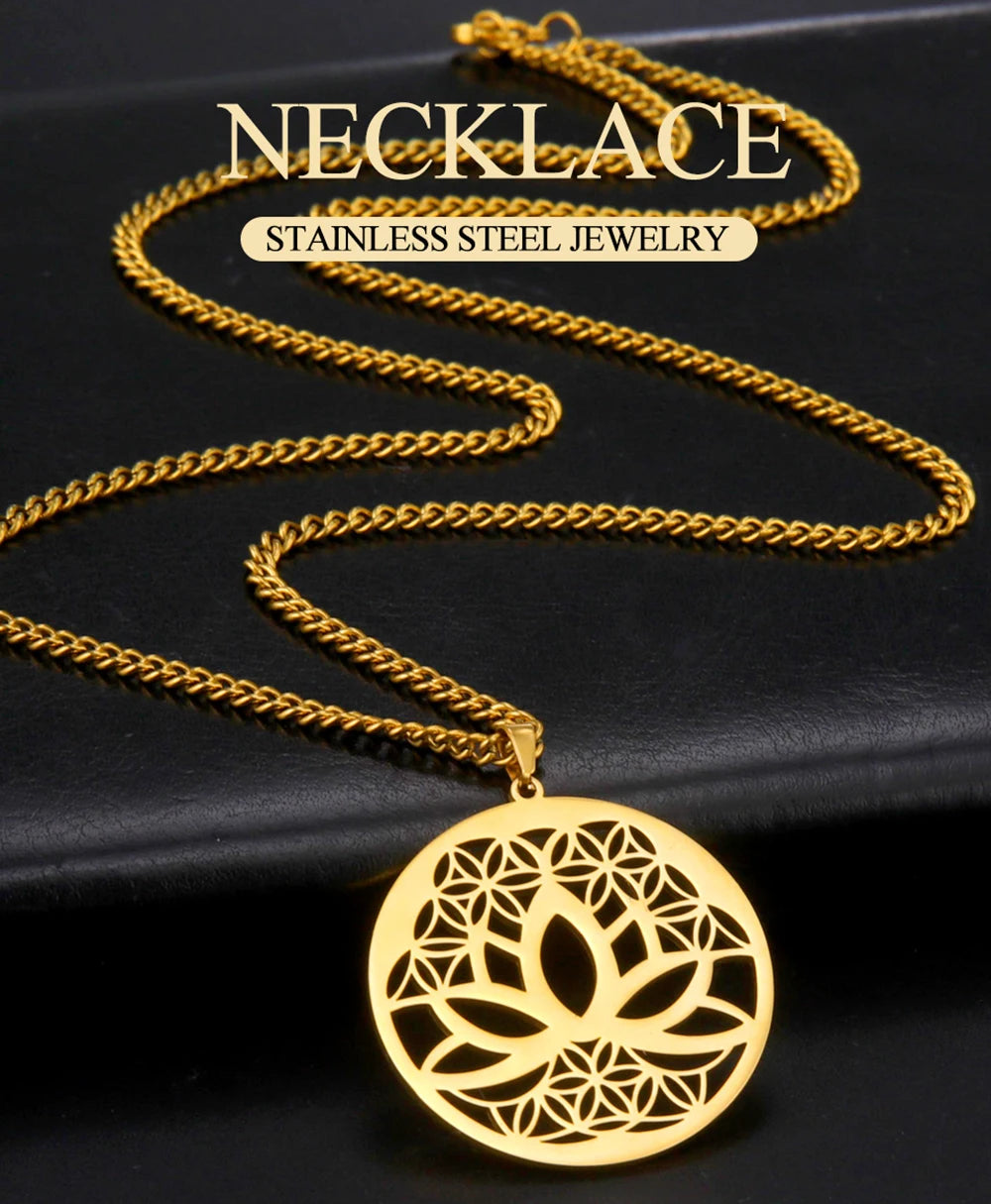 Dawapara Lotus Flower of Life Necklace Stainless Steel Women Jewelry Buddhism Peace Symbol Yoga Meditation Amulet Pendant