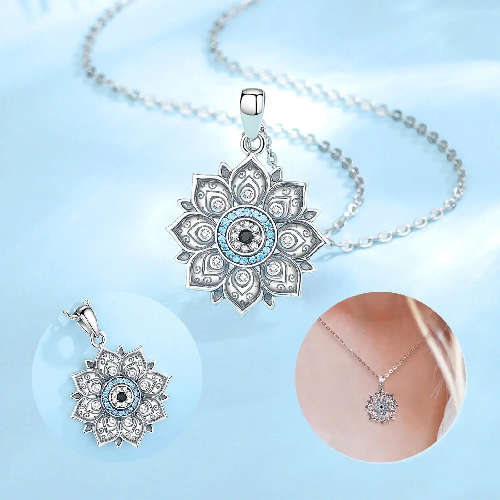 Eudora 925 Sterling Silver Lotus Evil Eye Necklace for Women Man Vintage Evil Eye Lotus Flower Pendant Personality Jewelry Gift