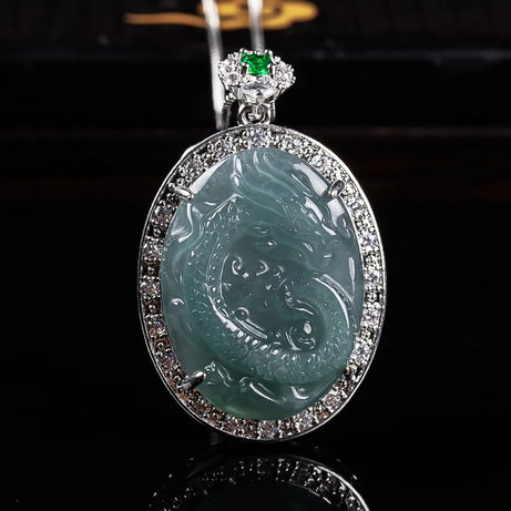 925 Silver Burmese Blue Water Jadeite Dragon Pendant Necklace, Ice Seed Sacred Amulet