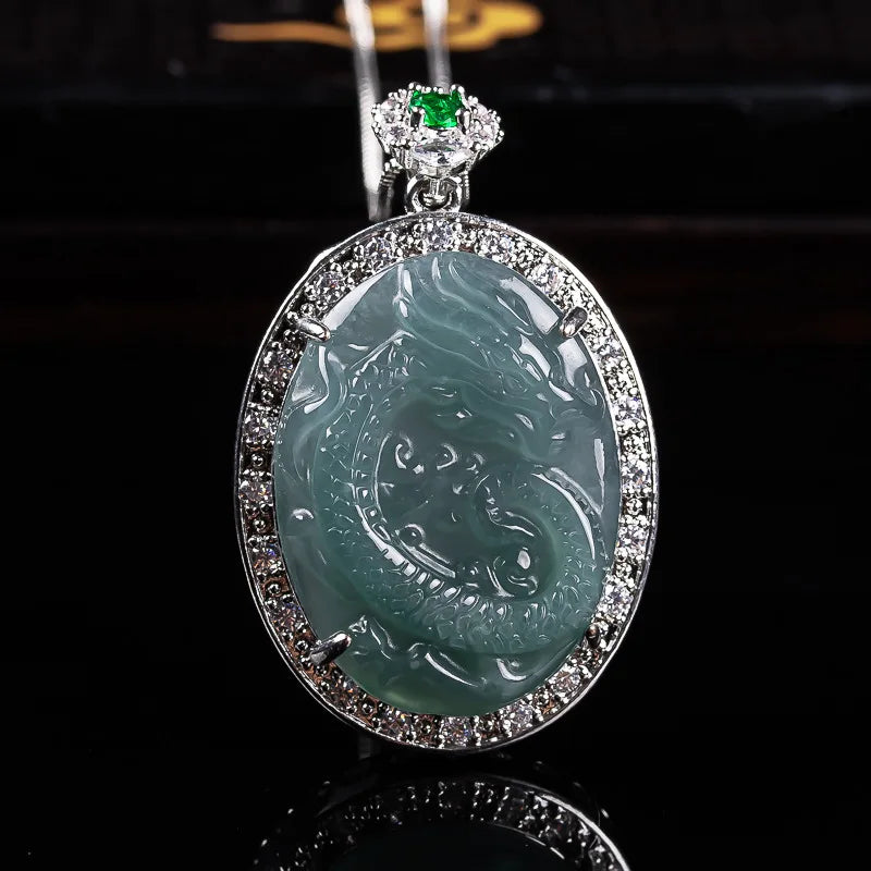925 silver Burmese Emerald Jade Blue Water Ice Seed Dragon Pendant Jadeite Amulets Fashion Natural Jewelry Gifts for Men Women