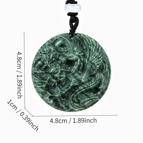 Dark Green Jade Dragon Fox & Owl Pendant Necklace, Carved Amulet Zodiac Talisman