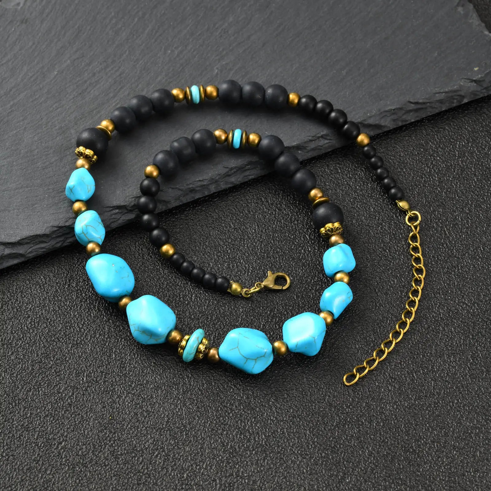 Vnox Natural Stone Beaded Necklace for Men Women, Black Onyx Turquoise 45-50cm Adjustable Chain Boho Trendy Jewelry Gifts Unisex