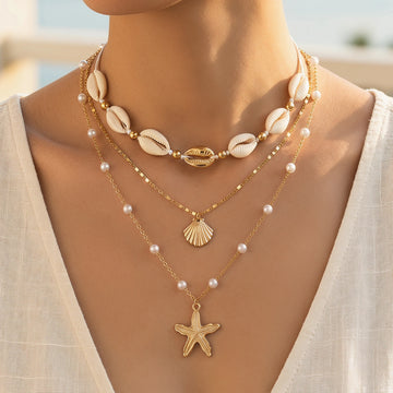 3Pcs Layered Cowrie Shell Imitation Pearl Necklace Set Starfish Shell Pendant Boho Summer Beach Jewelry for Women