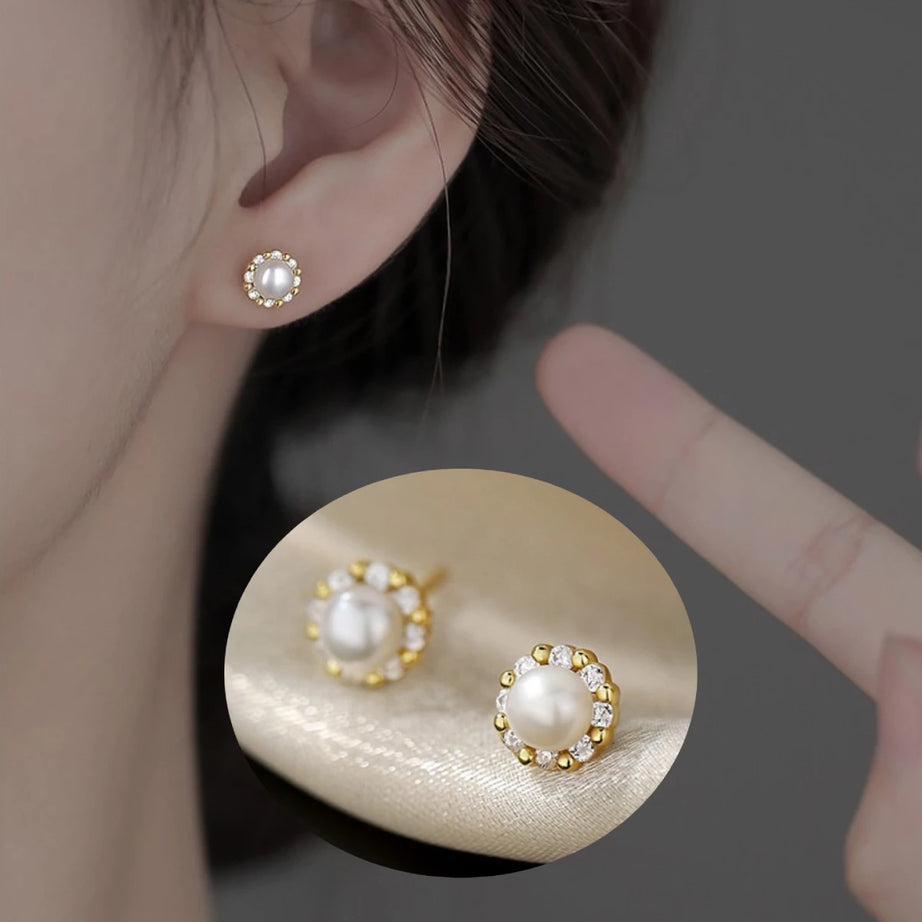 Pearl Zircon Gold Stud Earrings Jewelry