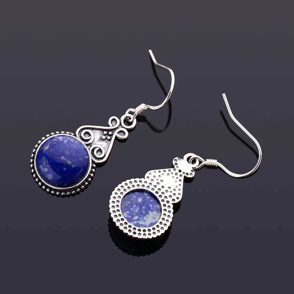 S925 Silver Drop Earring 10MM Round Lapis Lazuli Blue Pendant Earrings Engagement Wedding Women Fine Jewelri
