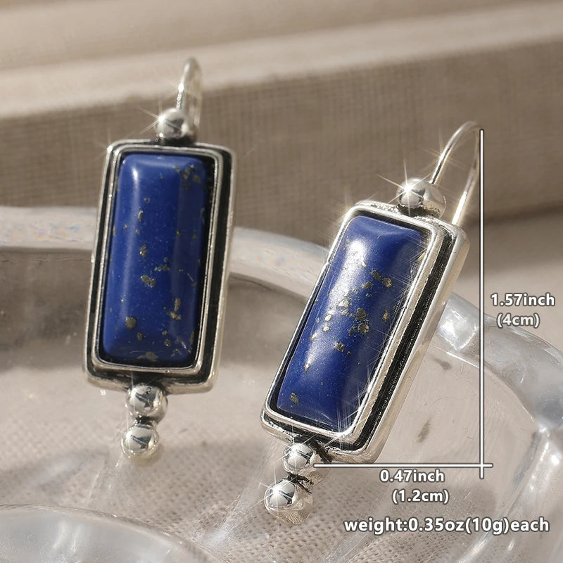 Ethnic Silver Color Imitation Lapis Lazuli Dangle Women's Earrings Square Daily Wear