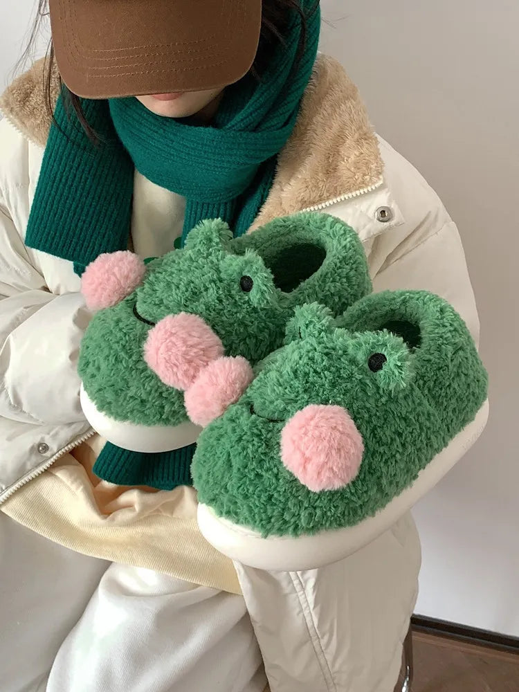 Cute Frog Cotton Home Slippers Women 2022 Winter Men And Women's Indoor Anti-skid Thick Soled Warm Woolen Household Shoes - Charlie Dolly
