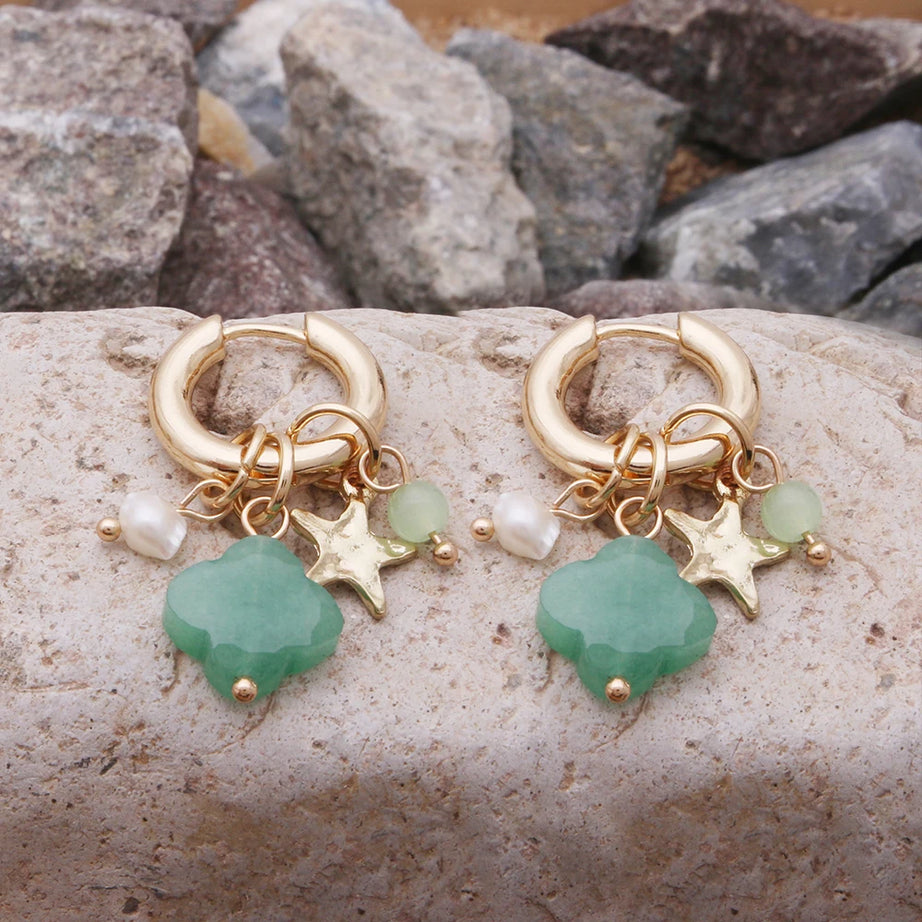Pendant Earrings For Woman Boho Natural Stone Clover Malachite Powder Crystal Bohemia Charm Ear Luxury Quality Jewelry Girls - Charlie Dolly