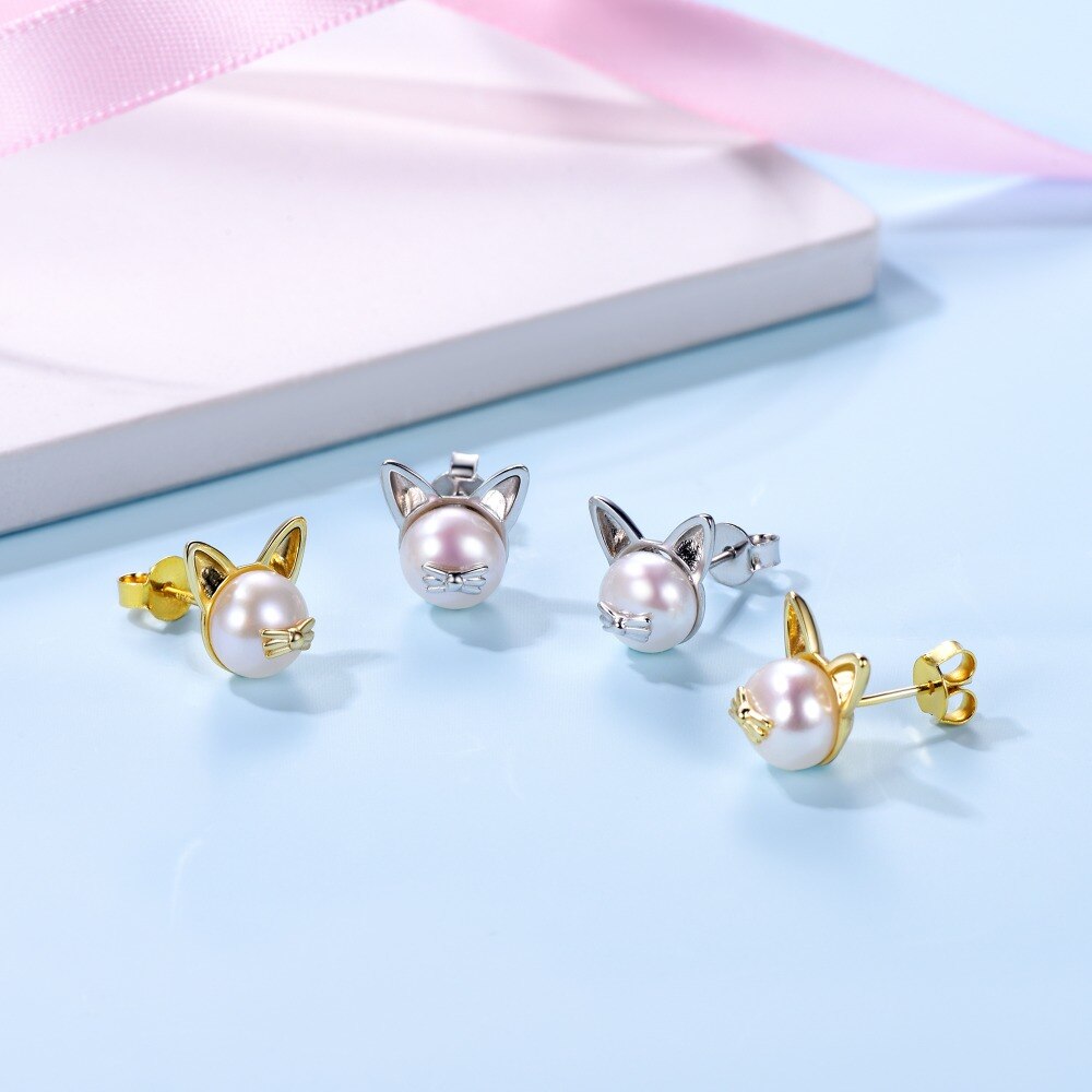 U7 925 Sterling Silver Cute Earrings Cat Stud Earings Women Wedding Jewelry Natural Freshwater Pearl Earrings Mother&#39;s Gift SC02 - Charlie Dolly