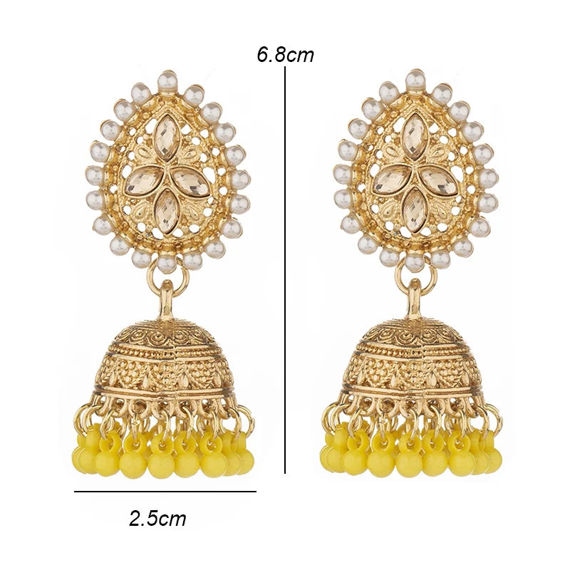 Vintage Waterdrop Design Inlaid Pearl Rhinestone Indian Earrings for Women Ethnic Boho Carved Small Bell Earrings Jhumka Jewelry