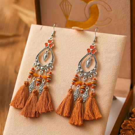 Heart Flower Enamel Bead Tassel Earrings Jewelry