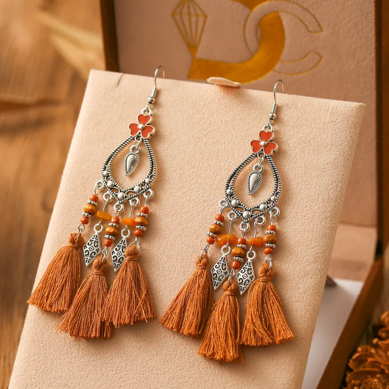 Fashion Bohemian Heart Flower Enamel Geometric Tassel Earrings For Women Irregular Stone Beads Handmade Boho Wedding Jewelry