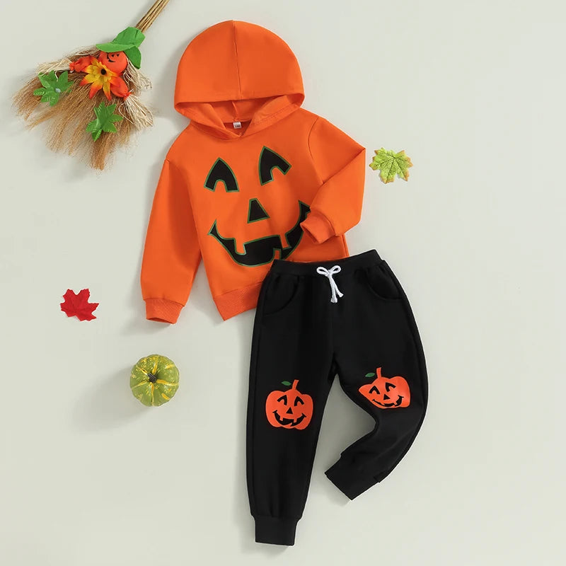 Citgeett Autumn Halloween Kids Boys Girls Outfit Pumpkin Print Long Sleeve Hooded Sweatshirt Pants Fall Clothes Set - Charlie Dolly