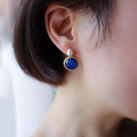 Vintage Style Exquisite Pearl Round Lapis Lazuli Earrings for Women Silver Inlaid Classic Blue Stud Earings Jewelry Gift - Charlie Dolly