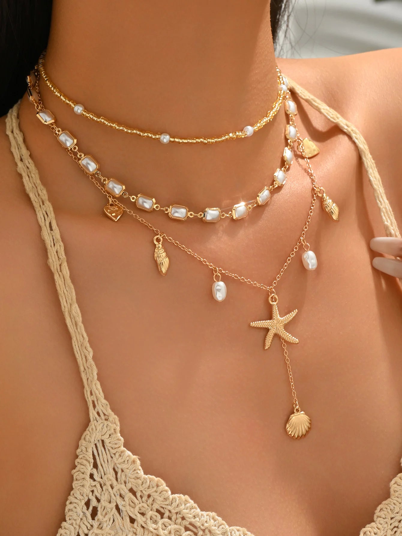 3Pcs Layered Cowrie Shell Imitation Pearl Necklace Set Starfish Shell Pendant Boho Summer Beach Jewelry for Women