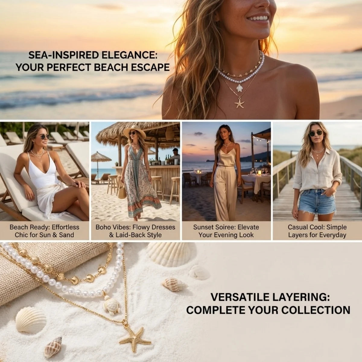 Multilayer Imitation Pearl Rice Bead Starfish Resin Turtle Shell Necklace For Women Men Ocean Beach Fishtail Choker Boho Jewelry