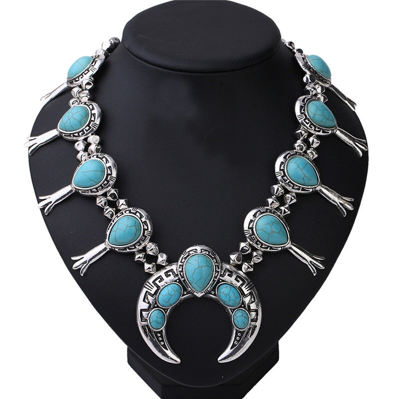 Red and Turquoise Stone Squash Blossom Flower Bib Necklace Turquoise and Silvertone Beaded Squash Blossom Choker Boho CRYSTAL