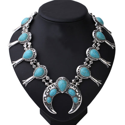 Red and Turquoise Stone Squash Blossom Flower Bib Necklace Turquoise and Silvertone Beaded Squash Blossom Choker Boho CRYSTAL