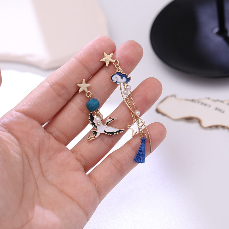 Delicate Cute Zircon Moon Tassel Butterfly Stud Earrings For Women Korean New Fashion Asymmetric Earrings Girls Party Jewelry - Charlie Dolly