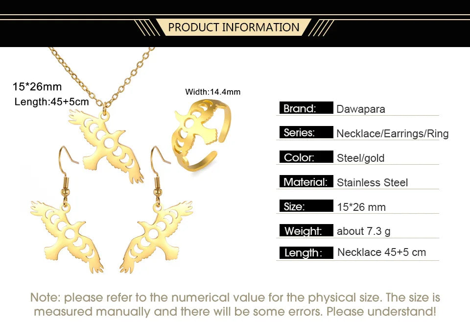 Dawapara Moon Phase Cutout Crow Necklace Earrings Ring Raven Jewelry Set Good Luck Mythical Creatures Pendant Stainless Steel