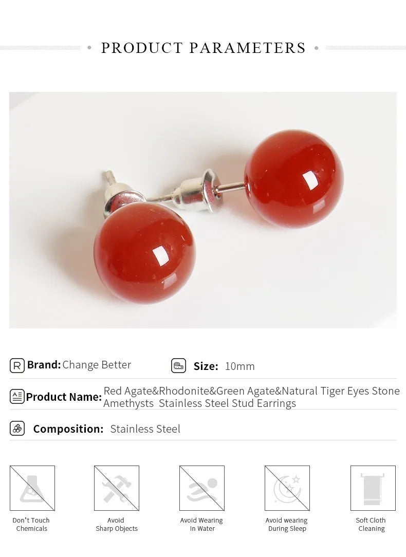 Natural Stone Agate Quartz Lapis Lazuli Tiger Eye Round Bead Stud Earrings Women Fashion Simple Stainless Steel Crystal Ear Stud