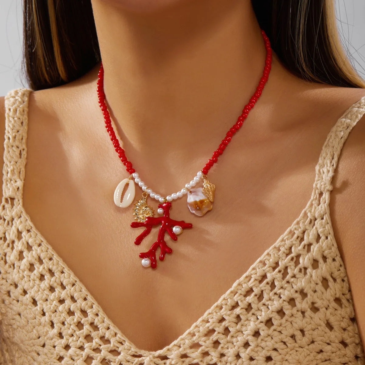 Summer Rice Beads Resin Coral Shell Pendant Necklace For Women Men Boho Summer Conch Choker Vacation Party Fashion Jewelry Gifts