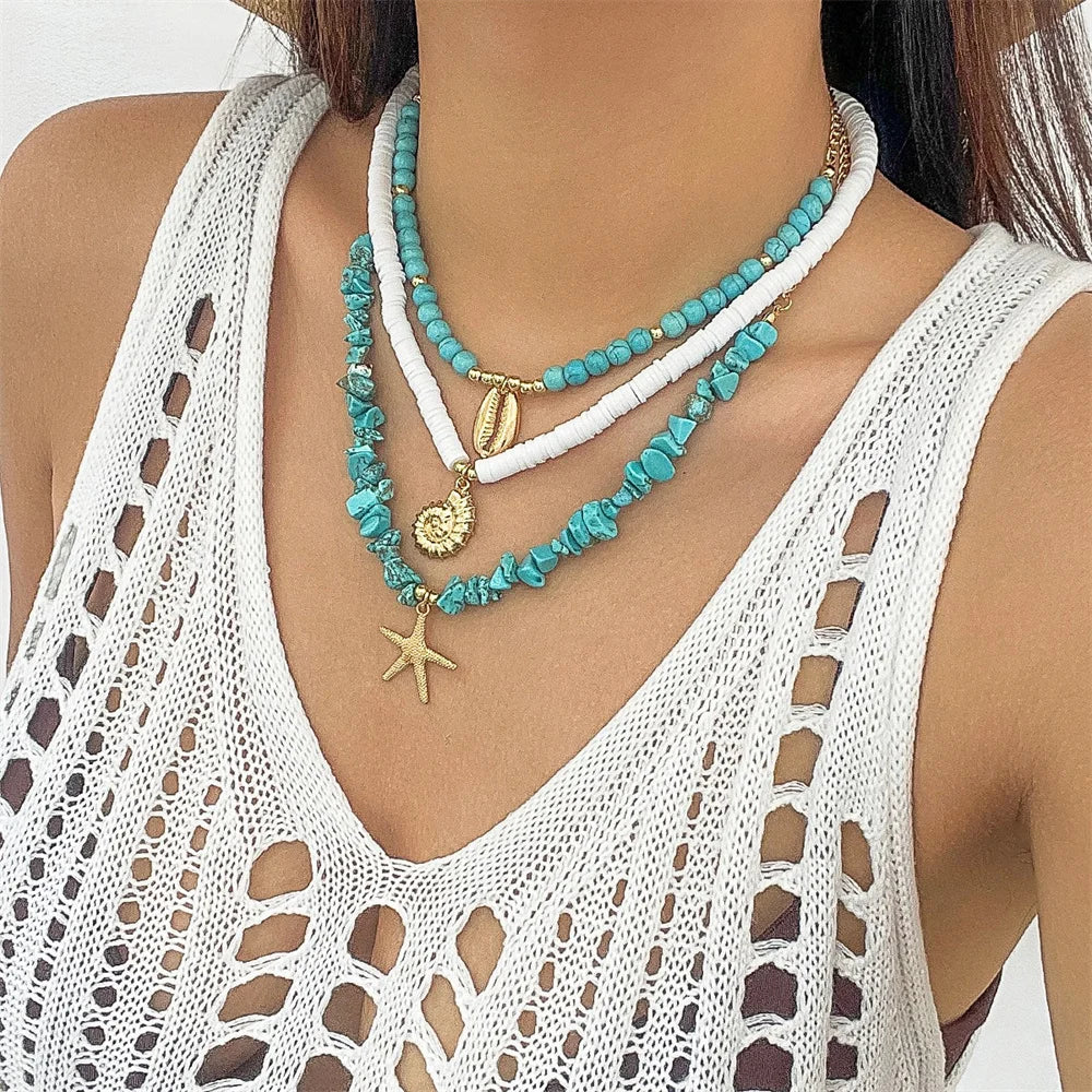 Conch Starfish Rice Bead Collar Necklace Jewelry