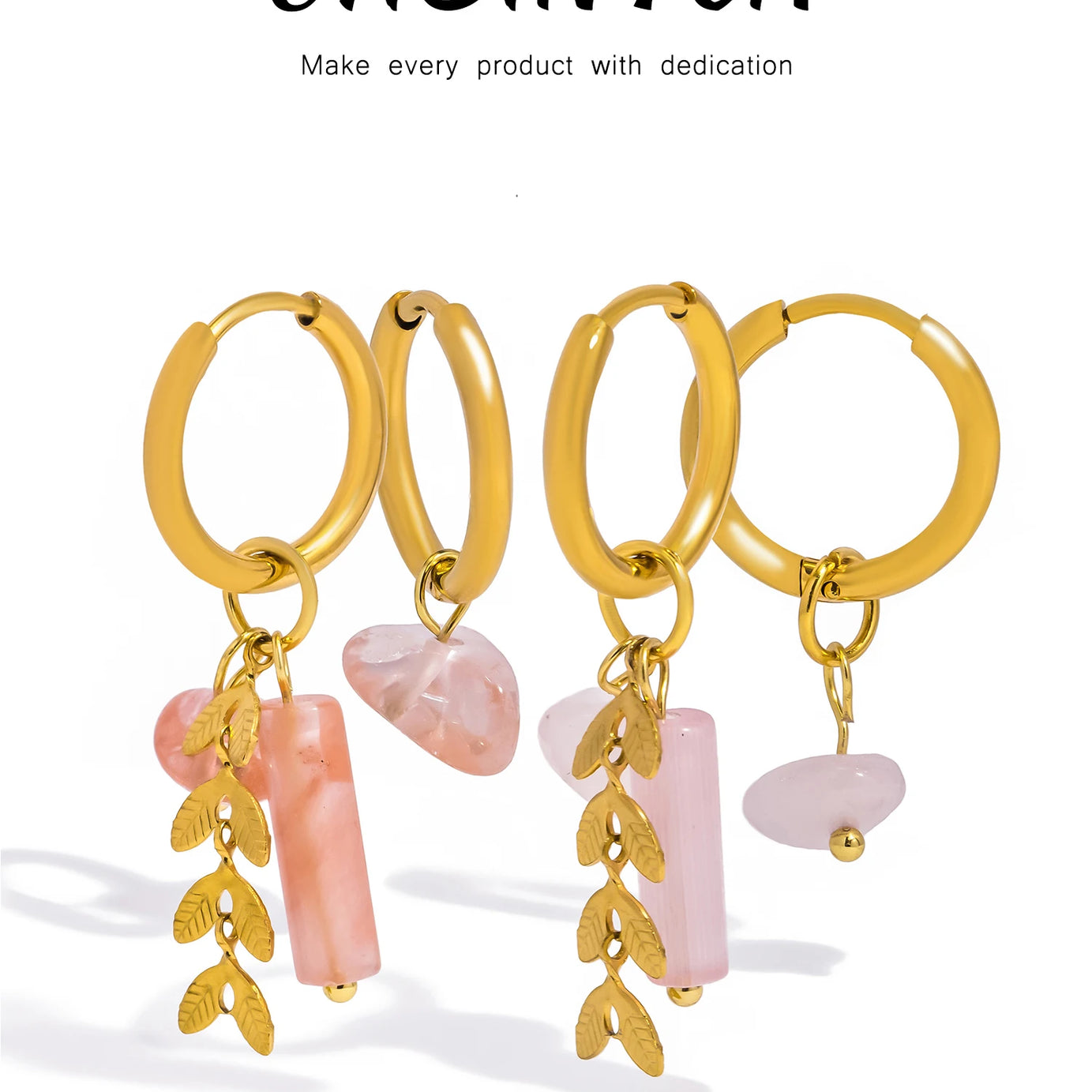 Pink Natural Stone Hoop Drop Earrings, 18K Gold Stainless Steel Boho Jewelry