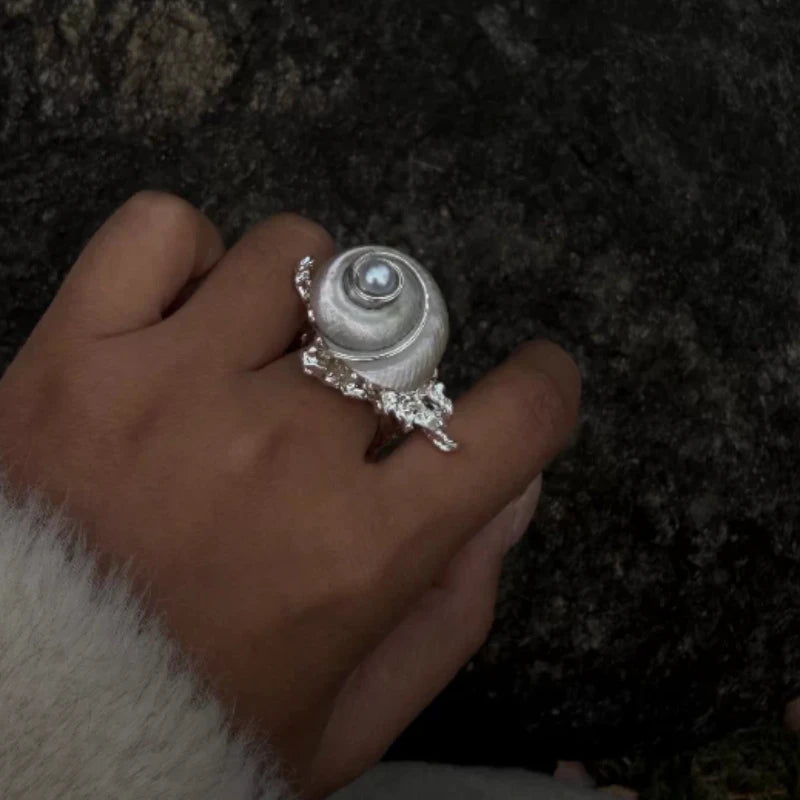 Natural Sea Snail Shell Ring Handmade Wire Wrapped Pearl Open Cuff Ring Beach Boho Statement Jewelry for Women