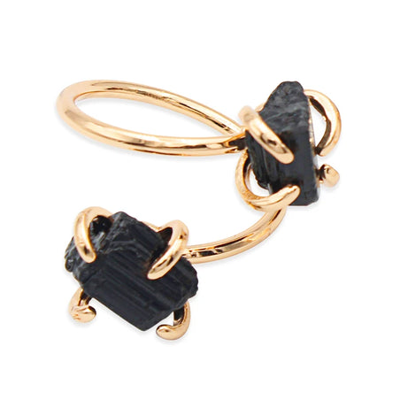 Irregular Black Tourmaline Open Ring for Women Girls Claw Setting Gold-color Boho Rough Natural Stone Finger Jewelry Resizable - Charlie Dolly