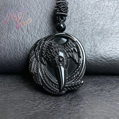 Real Obsidian Crow Pendant Necklace, Natural Gemstone Amulet Talisman