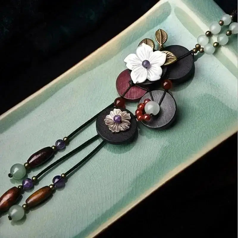 Turquoise Wood Jade Long Sweater Chain Necklace Jewelry