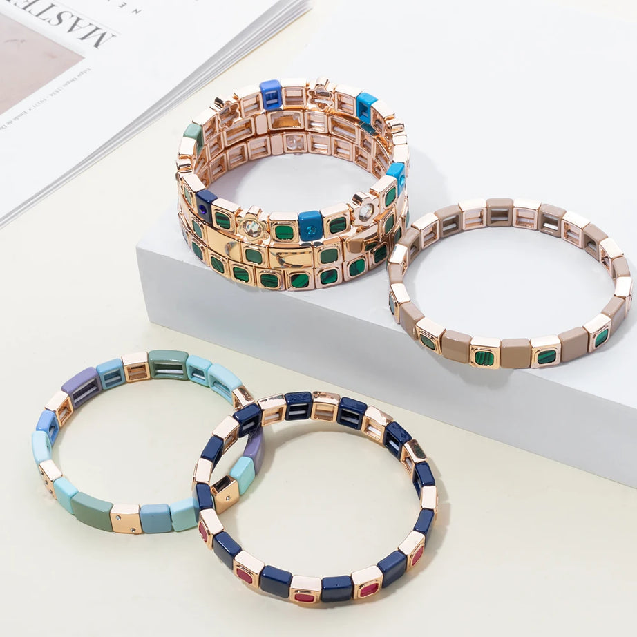 2023 New Design 8x8mm Inlaid Nature Stone Bracelets For Women Gold Color Boho Elastic Bangle Handmade Inlaid Diamond Jewelry - Charlie Dolly