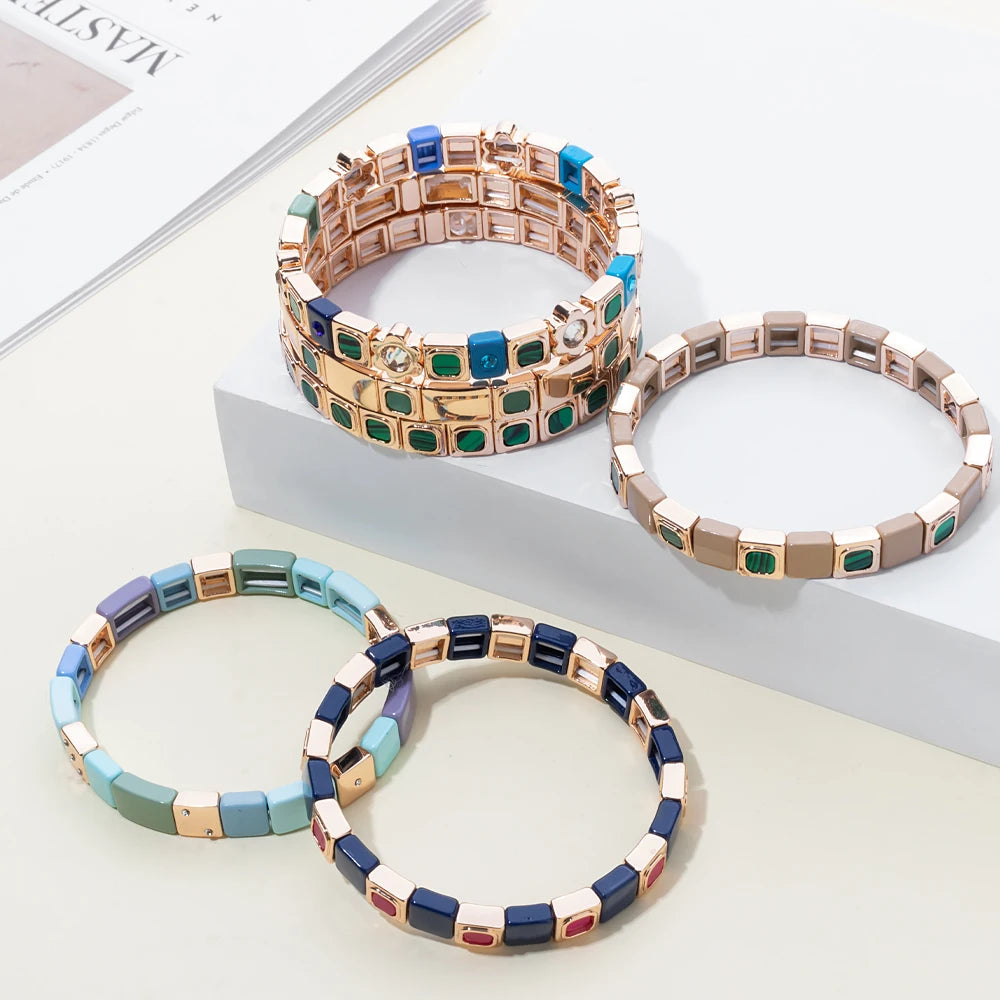 2023 New Design 8x8mm Inlaid Nature Stone Bracelets For Women Gold Color Boho Elastic Bangle Handmade Inlaid Diamond Jewelry